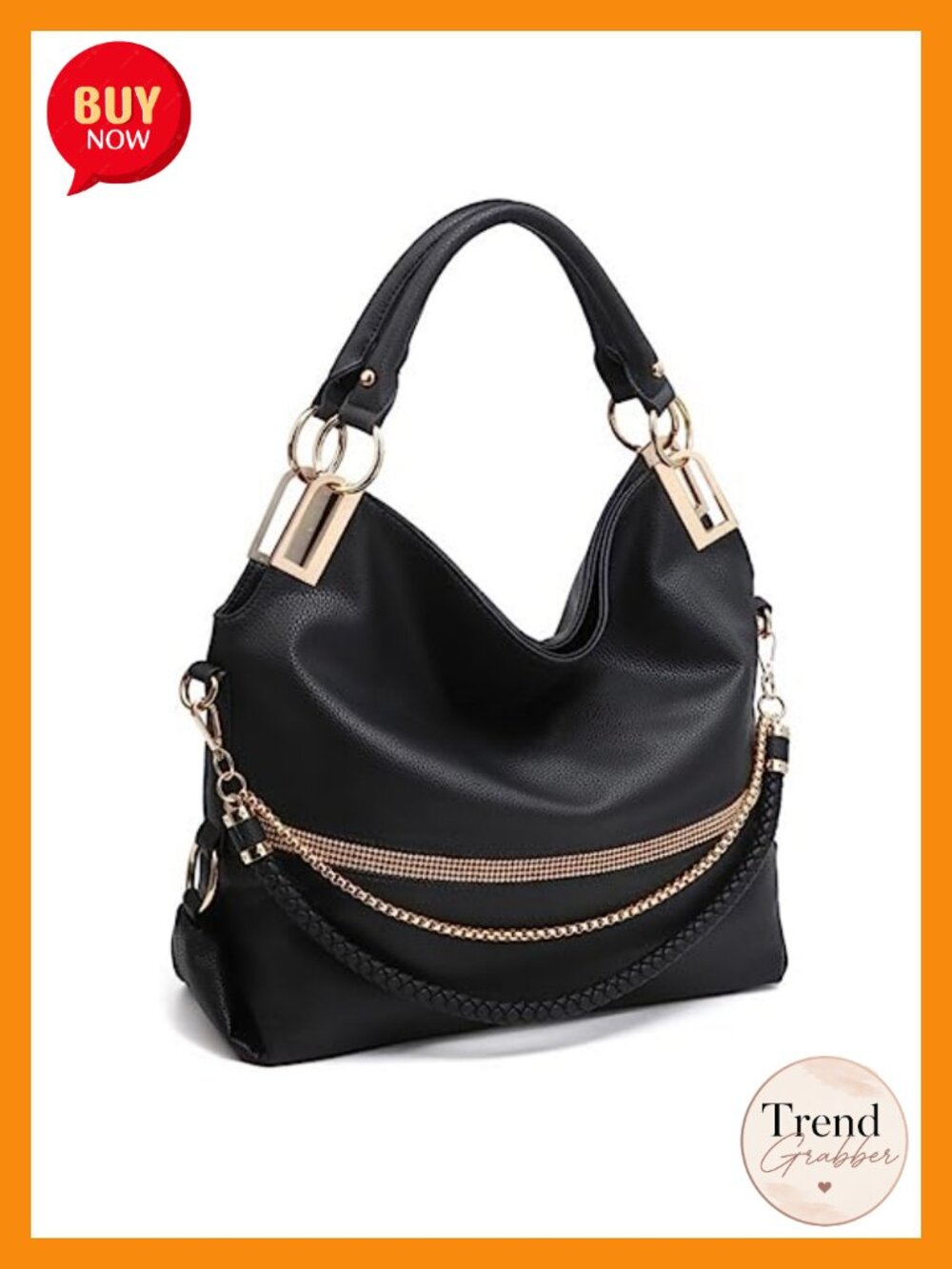 Large Hobo Bag with Rhinestone Accents Vegan Leather Tote Shoulder Handbag